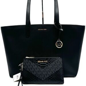 Michael Kors Medium Jet Set Travel Zip Tote Bag & Double Zip Wallet Black/Gold